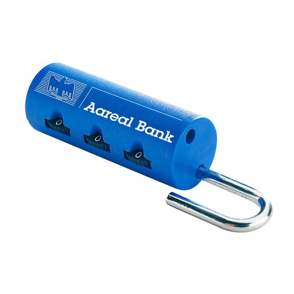 Ein blaues zylindrisches Zahlenschloss mit drei Zifferblättern und offenem Bügel, an dessen Seite das weiße Logo, der Name und der Schriftzug „Vollblut Aareal Bank“ der Aareal Bank zu sehen sind.