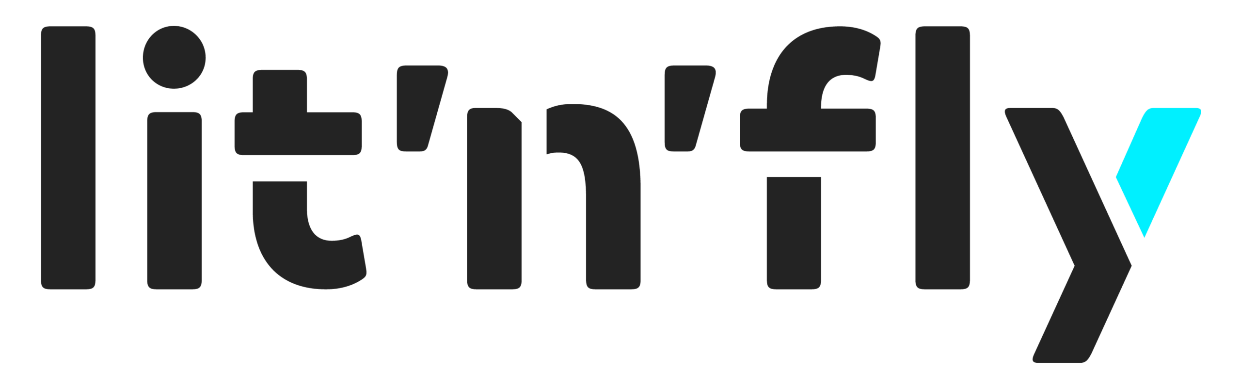 Das Bild zeigt den Text litnfly in fetten, abgerundeten schwarzen Buchstaben, wobei das y oben rechts einen hellblauen Akzent aufweist. Der Hintergrund ist hellgrau.