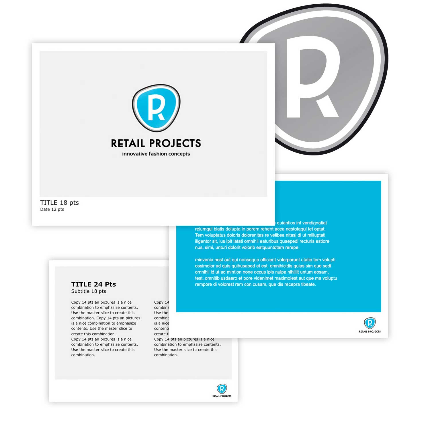 Ein Satz Markenpräsentationsfolien für Vollblut Retail Projects mit einem blauen und grauen P-Logo, Beispieltitel- und Inhaltslayouts und einem größeren Logo im Hintergrund.