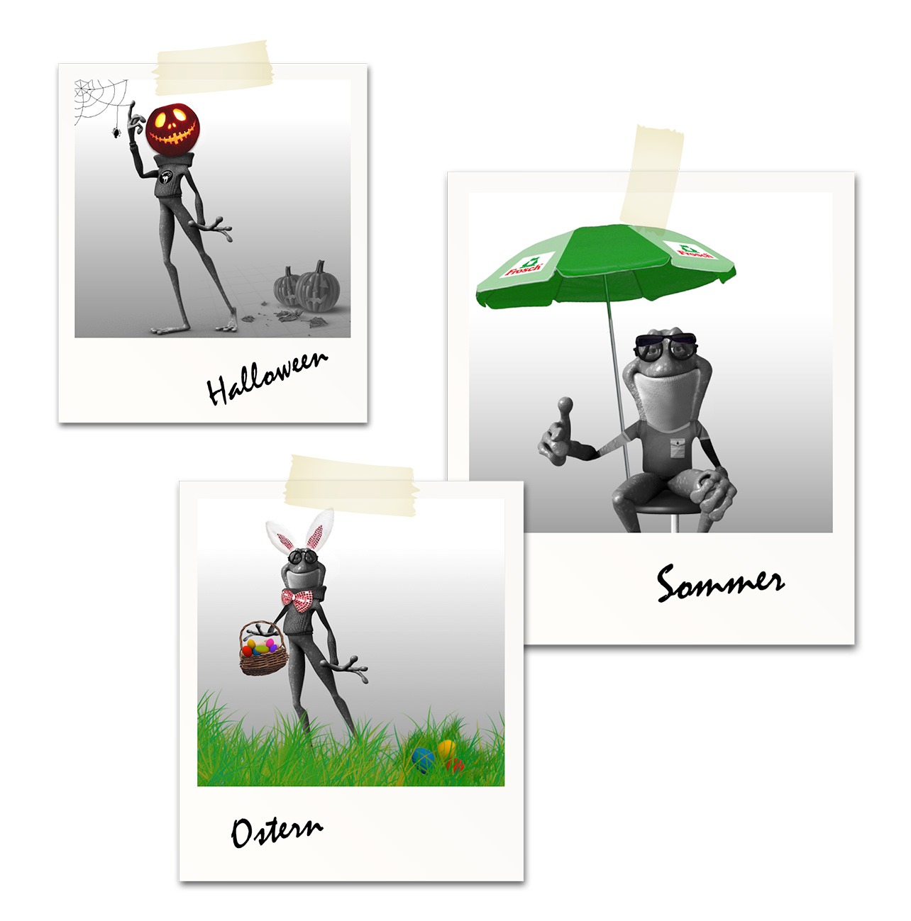 Drei Fotos im Polaroid-Stil zeigen einen Vollblut-Erdal-Rex-Frosch: zu Halloween als Kürbislaterne verkleidet, im Sommer ein Eis unter einem Sonnenschirm genießend und zu Ostern mit Hasenohren und einem Osterkorb bekleidet.