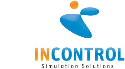 Logo für INCONTROL Simulation Solutions, entworfen von Vollblut V8 Werk, mit einer blauen abstrakten menschlichen Figur mit einem orangefarbenen Kopf über dem Text „INCONTROL“ und dem Slogan „Simulation Solutions“ in kleinerem Text darunter.