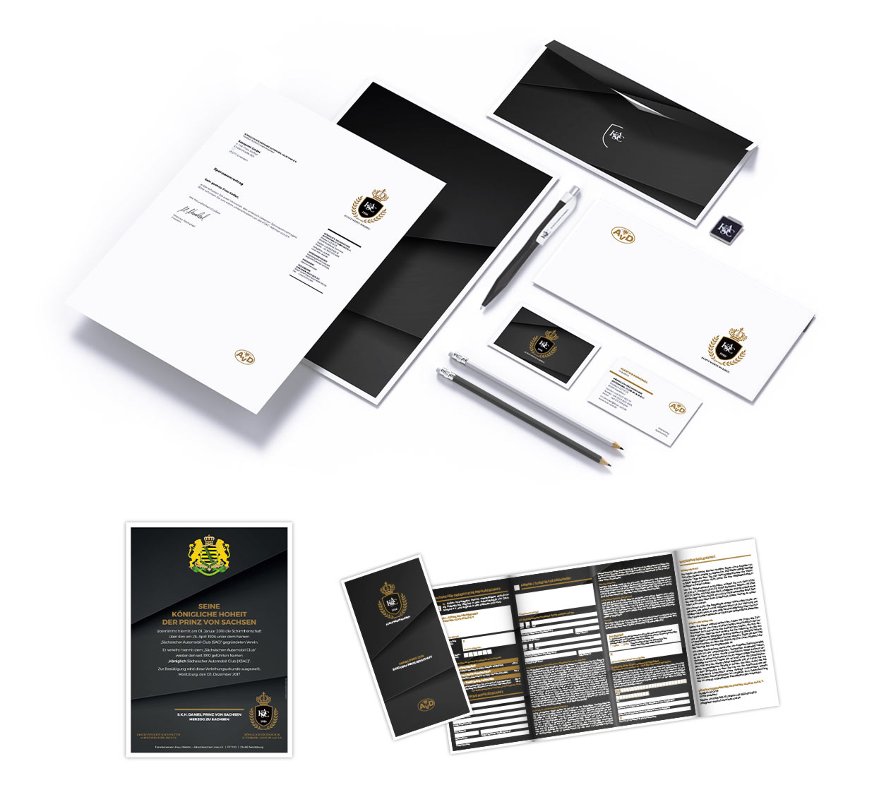 Ein Set eleganter schwarz-weißer Schreibwaren, darunter Briefköpfe, Umschläge, Stifte, Visitenkarten und Broschüren, mit einem gold-schwarzen Vollblut KSAC AvD-Wappenlogo mit minimalistischem Design auf weißem Hintergrund.
