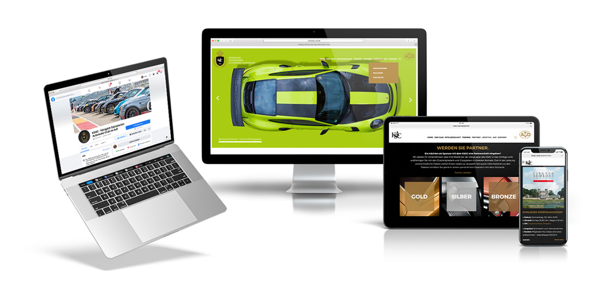 Auf einem Laptop, einem Desktop-Monitor, einem Tablet und einem Smartphone werden verschiedene Websites präsentiert – darunter eine Vollblut KSAC-Autoseite, ein Social-Media-Feed, Auszeichnungen und eine Landschaftsansicht – und so das responsive Webdesign für AvD auf allen Geräten hervorgehoben.
