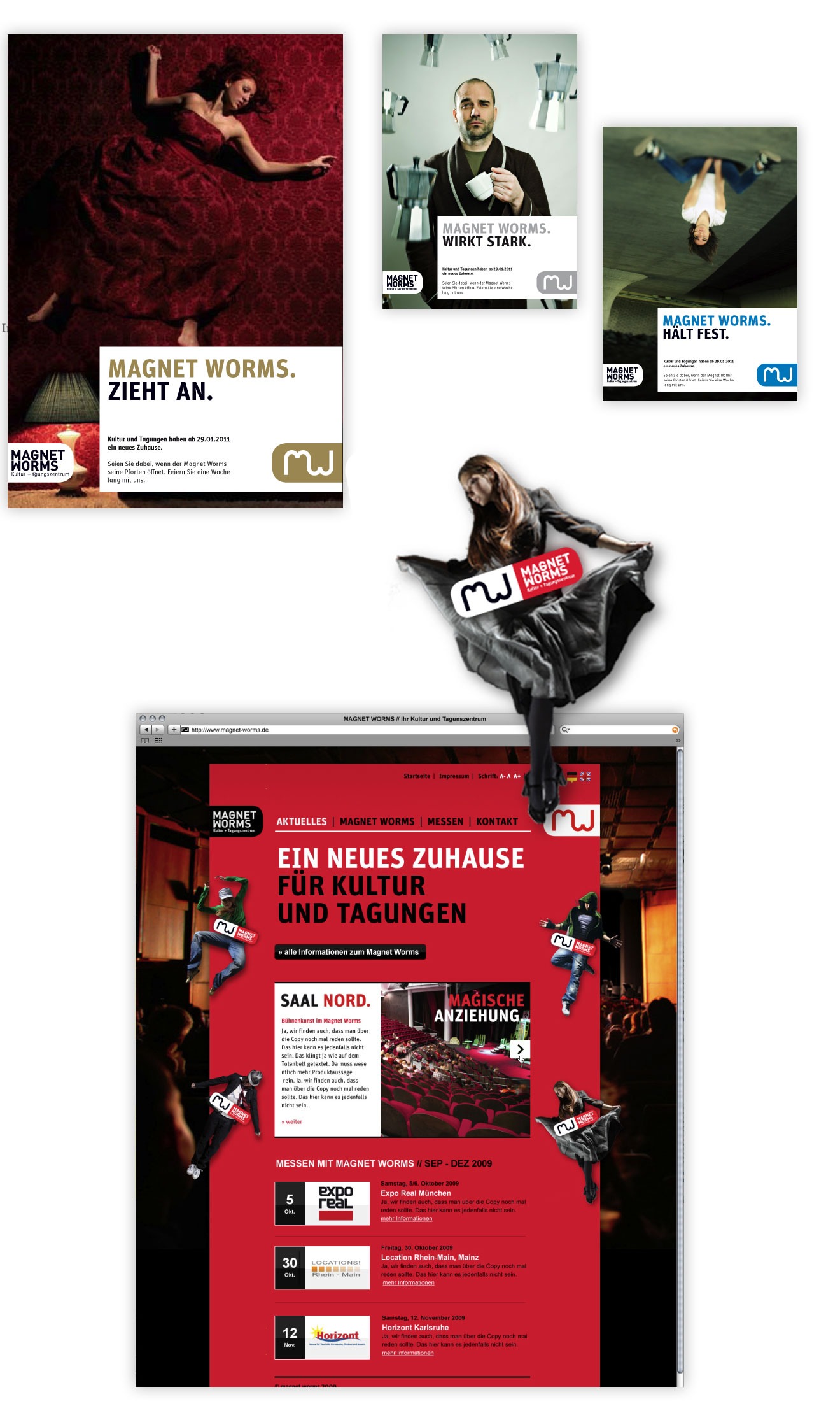 Eine Collage aus Werbematerialien für Magnet Worms mit dramatischen Bildern von Menschen, die zu einem Logo hingezogen werden, fettgedruckten deutschen Texten wie „Vollblut Wormser“ und einem auffälligen Farbschema in Rot, Schwarz und Weiß.