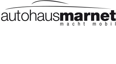 Das Logo für Vollblut Autohaus Marnet zeigt die stilisierte Silhouette eines Autos über dem Firmennamen in Kleinbuchstaben und darunter in kleinerer Schrift den Satz „macht mobil“.