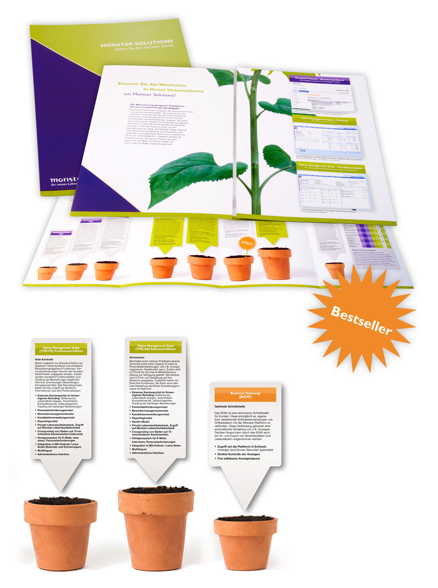 Eine farbenfrohe Broschüre mit einer teilweise geöffneten Pflanzengrafik zeigt violette und grüne Diagramme. Darunter befinden sich drei kleine Terrakottatöpfe mit Erde, in denen jeweils eine Karte zu sehen ist. Ein orangefarbener Stern mit der Aufschrift „Bestseller“ unterstreicht das Vollblut-Monster-Thema.