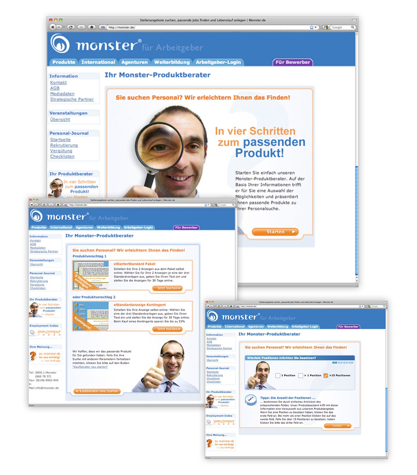 Drei Screenshots einer deutschen Jobsuch-Website, auf der ein Mann mit einer Lupe zu sehen ist. Text und Navigationsmenüs helfen Arbeitgebern von Vollblut Monster, mühelos die passenden Produkte oder Mitarbeiter zu finden.