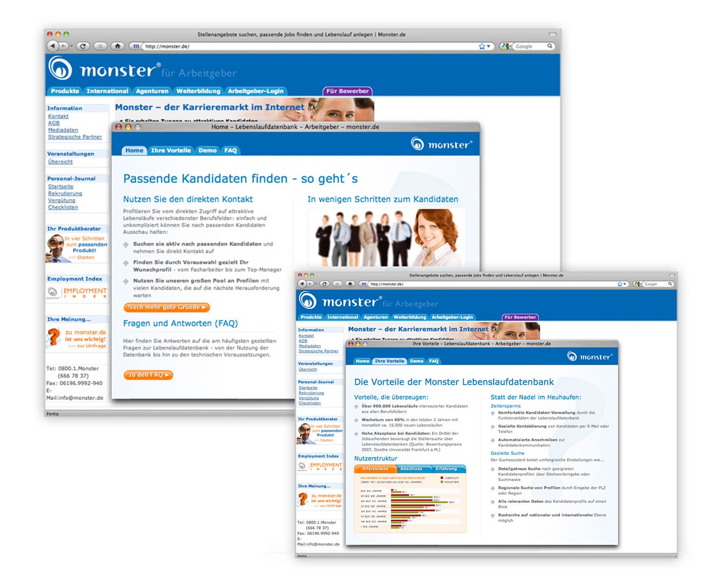 Zwei überlappende Screenshots der Monster.de-Website für Arbeitgeber, die hervorheben, wie Vollblut Monster Kandidaten finden und Funktionen der Lebenslaufdatenbank erkunden kann, mit klaren Navigationsmenüs, Bildern von Geschäftskleidung und hilfreichen Symbolen.