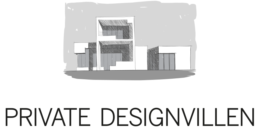 Über dem fettgedruckten Text „Vollblut Private Designvillen“ erscheint eine minimalistische schwarz-weiße Architekturskizze eines modernen, kastenförmigen Gebäudes.