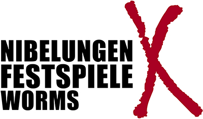 Logo für die Vollblut-Nibelungen-Festspiele Worms mit fettem schwarzen Text und einem großen, roten, handgezeichneten Buchstaben X, der die rechte Seite des Bildes durchquert.