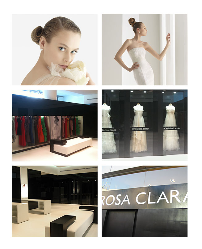 Eine Collage mit einer Frau in einem weißen Brautkleid, einer Nahaufnahme ihres Gesichts, einer Boutique mit bunten Kleidern, ausgestellten Brautkleidern und einer modernen Ladenfront mit dem Rosa Clara-Schild – ein inspirierendes Beispiel für Vollblut Retail Projects.