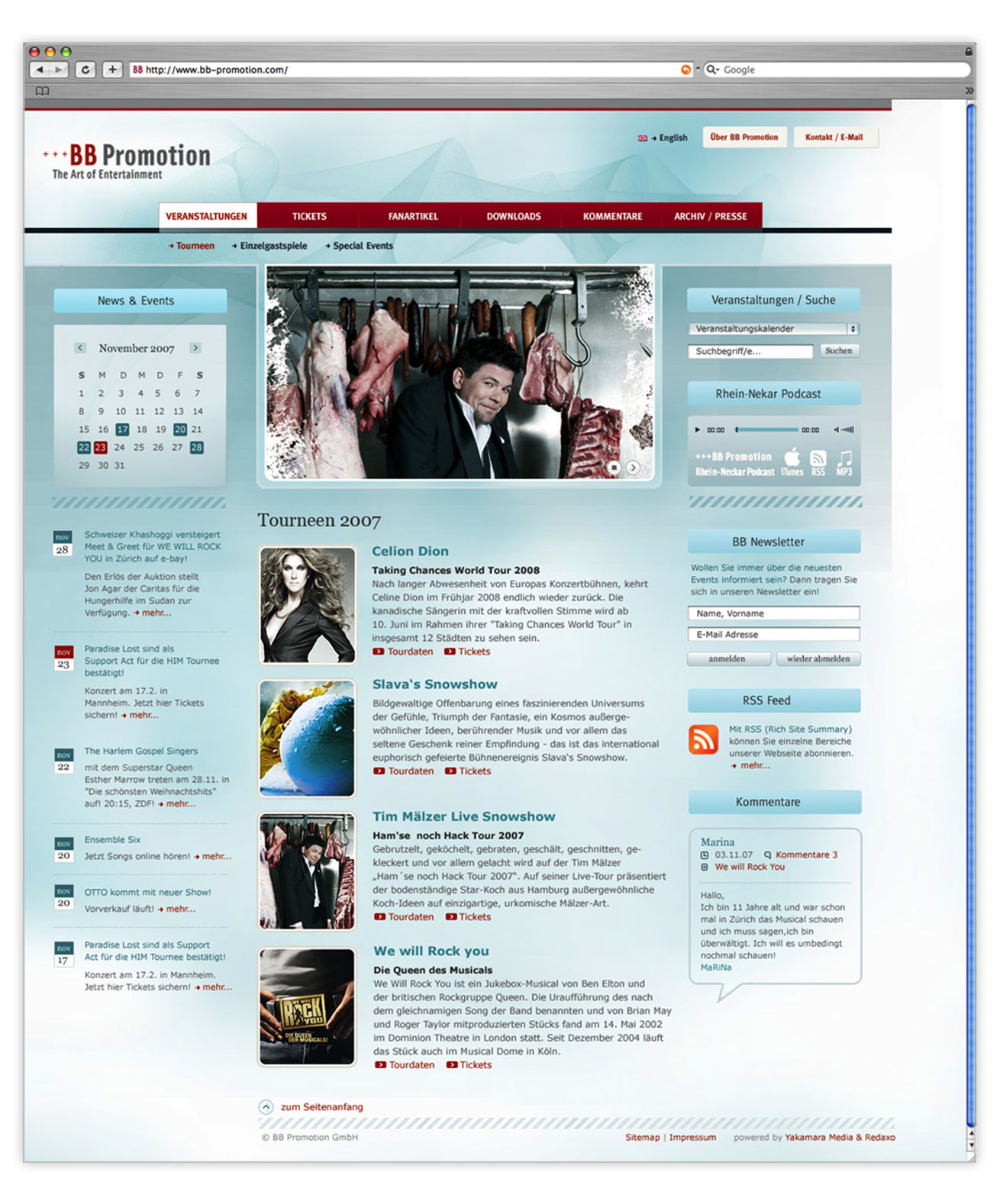 Screenshot einer Website-Seite von BB Promotion auf Deutsch mit einem Navigationsmenü, einem Kalender und Tour-Events von 2007 mit Bildern – plus Seitenleisten für Newsletter, Podcast, Kontaktinformationen und einem Feature über Vollblut Tim Mälzer.