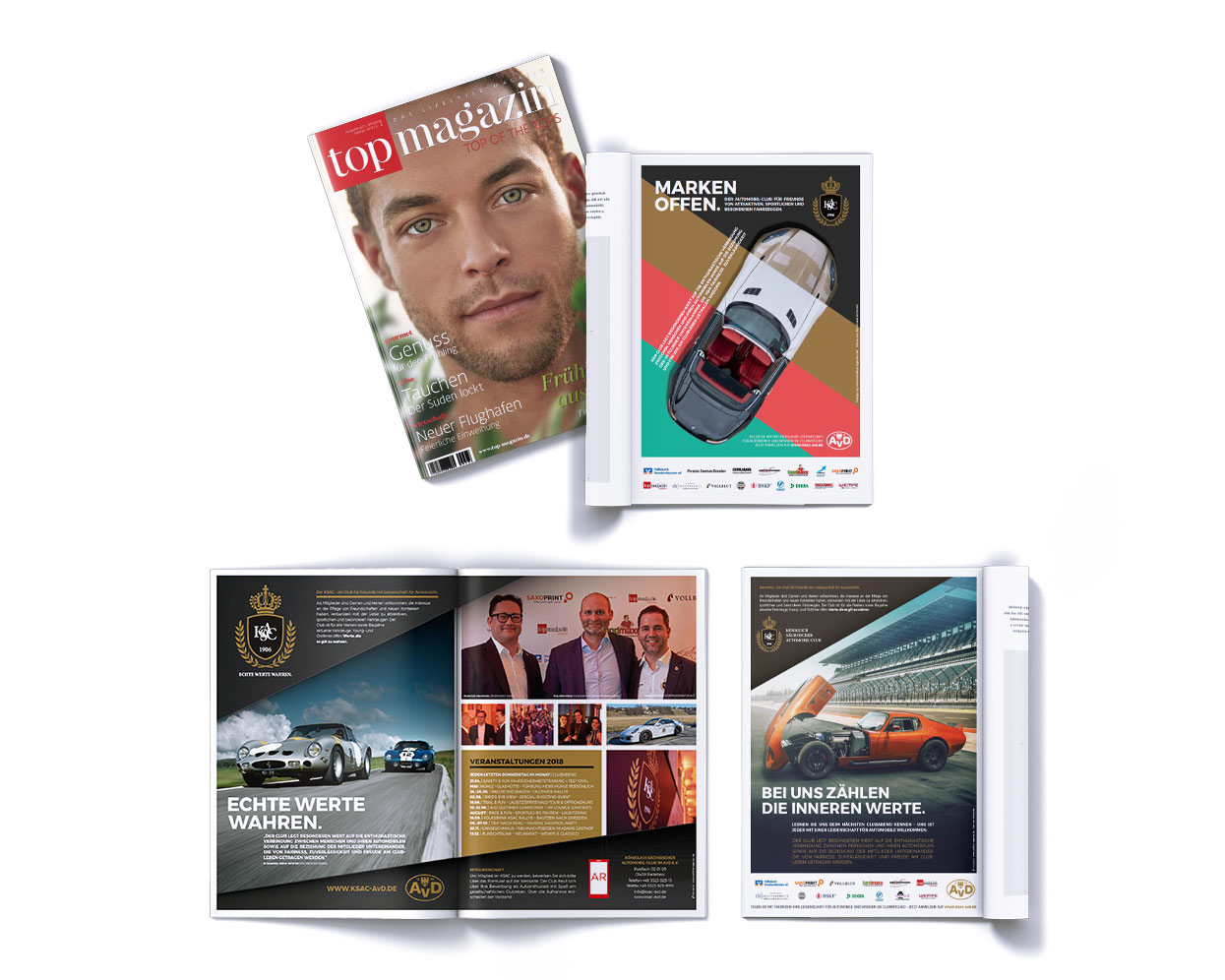 Vier Doppelseiten im Magazin: Oben links ist eine Nahaufnahme des Gesichts eines Mannes auf dem Vollblut-Cover zu sehen; oben rechts ist eine Draufsicht auf ein Luxusauto und ein Boot von KSAC zu sehen; auf den unteren Doppelseiten sind Showcars, eine AvD-Veranstaltung und ein Autorennen auf der Rennstrecke zu sehen.